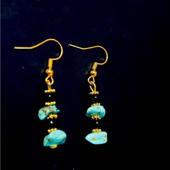 Handmade Gold & Black Bead Turquoise Dangle Earrings - Picture 2 of 3